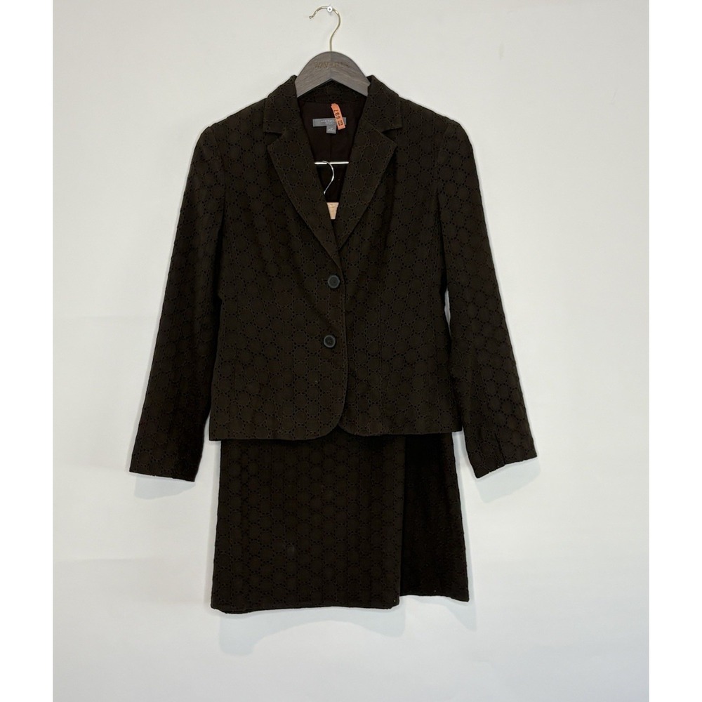 Ann Taylor 2 Piece Suit Set Womens 4 Blazer Skirt Brown Eyelet Preppy Y2K